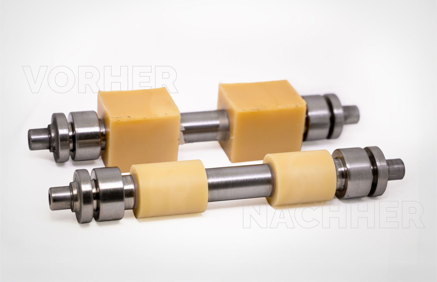 Ein Vergleichsbild von einem PUR-Gussteil vor und nach unserer Bearbeitung. Lampe ist experte in der PUR Bearbeitung