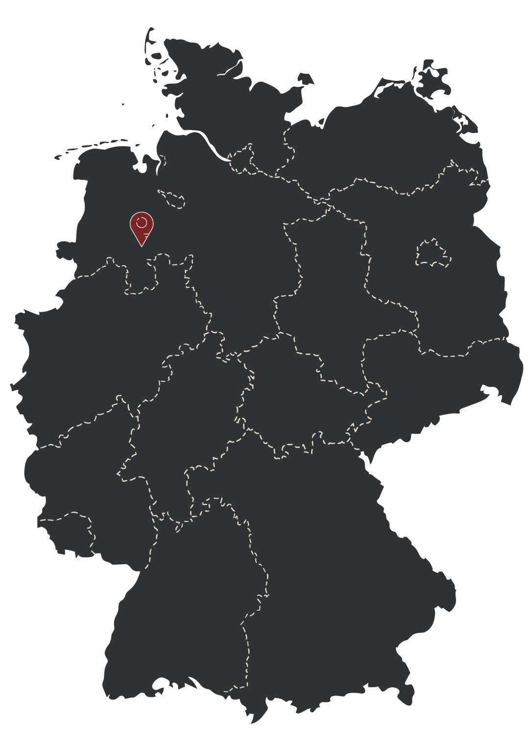 Eine grobe Landkarte von Deutschland und einer Markierung, die zeigt, wo LAMPE Kunststoffbearbeitung GmbH ihren Sitz hat. In Deutschland - Niedersachsen