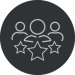 Ein Kreis mit einem Icon. Das Icon zeigt drei abstrahierte Menschen und darunter drei Sterne.
