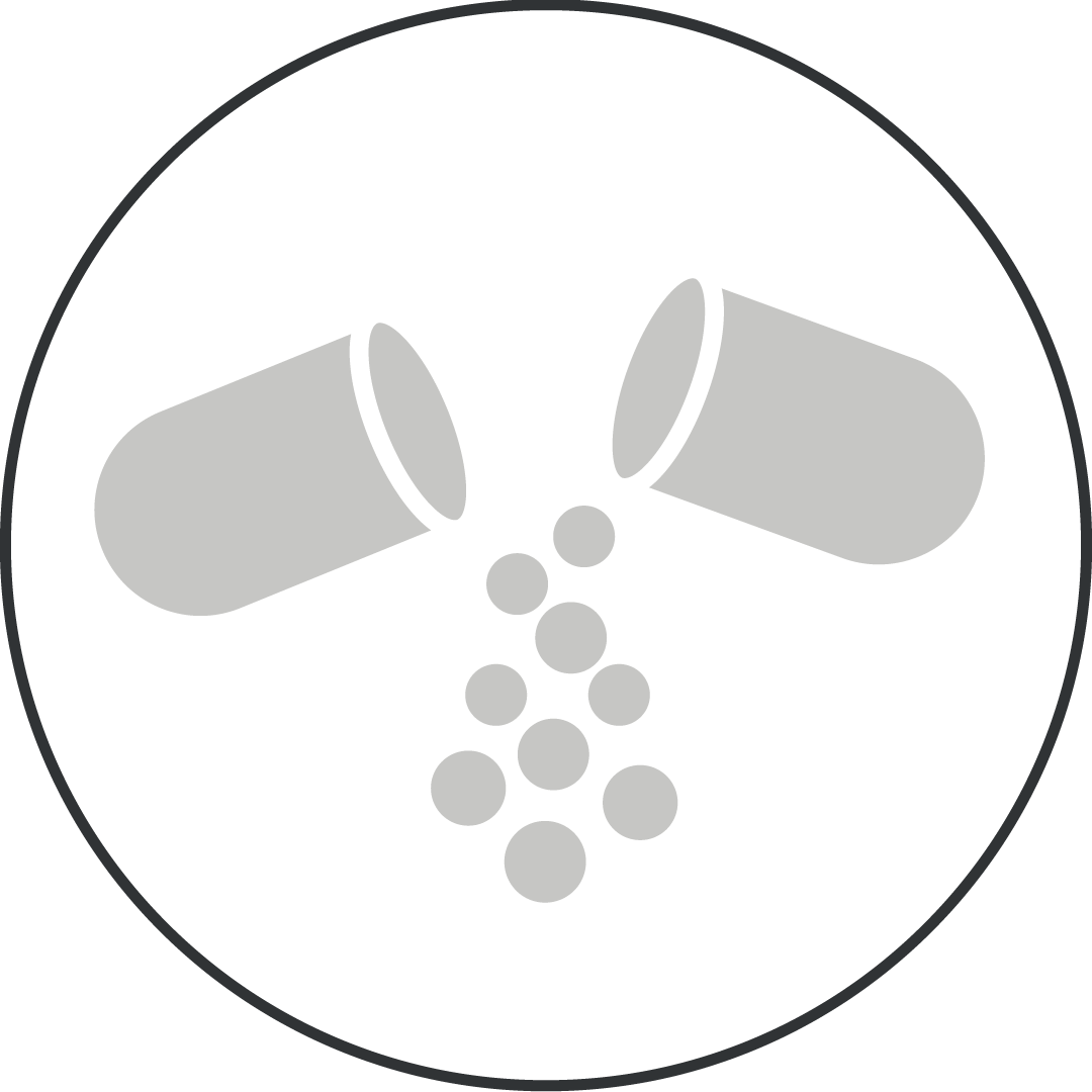 Icon einer geöffneten Medizinkabsel die Sinnbildlich für die Branche Pharma- und Medizintechnik steht