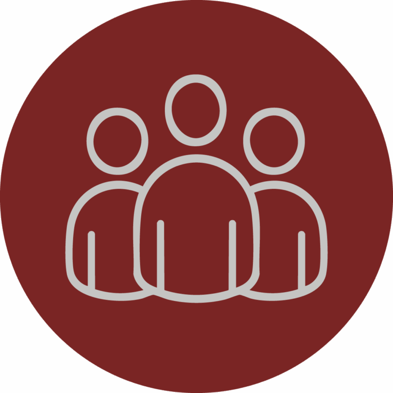 Ein Icon mit drei abstrahierten Männchen in einem braunroten Kreis