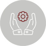 Icon zweier Hände in deren Mitte ein Zahnrad abgebildet ist auf einen grauen Kreis