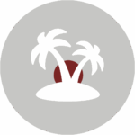 Icon einer Insel mit Palmen und untergender Sonne auf einen grauen Kreis