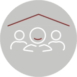 Icon mehrerer abstrahierter Männchen unter einem Dach, das mittlere hat ein lächelnden Mund auf einen grauen Kreis