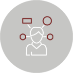 Icon eines abstraierten Menschen mit Gedankenblasen um sich herum auf einen grauen Kreis