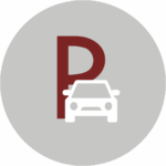 Icon eines großen "P" und einem Auto auf einen grauen Kreis